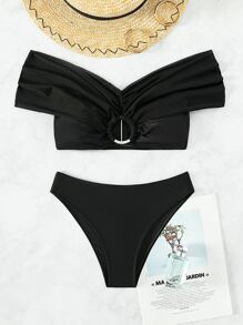 SHEIN Ruched Off The Shoulder Summer Beach Bikini Set - Black - View 6