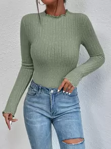 SHEIN Essnce Lettuce Trim Ribbed Knit Bodysuit - Green - View 3