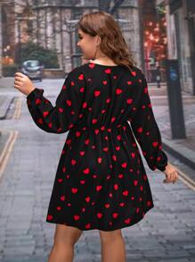 SHEIN Clasi Plus Heart Print Surplice Neck Dress - Black - View 5