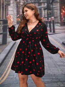 SHEIN Clasi Plus Heart Print Surplice Neck Dress - Black - View 2