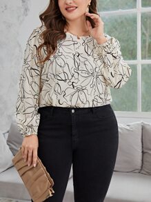 SHEIN Privé Plus Floral Print Lantern Sleeve Blouse - Beige - View 1