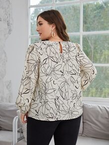 SHEIN Privé Plus Floral Print Lantern Sleeve Blouse - Beige - View 2
