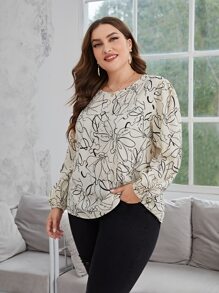 SHEIN Privé Plus Floral Print Lantern Sleeve Blouse - Beige - View 4