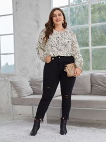 SHEIN Privé Plus Floral Print Lantern Sleeve Blouse - Beige - View 5