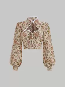 SHEIN MOD 印花繫帶領鏤空燈籠袖襯衫 - 彩色 - 查看 1
