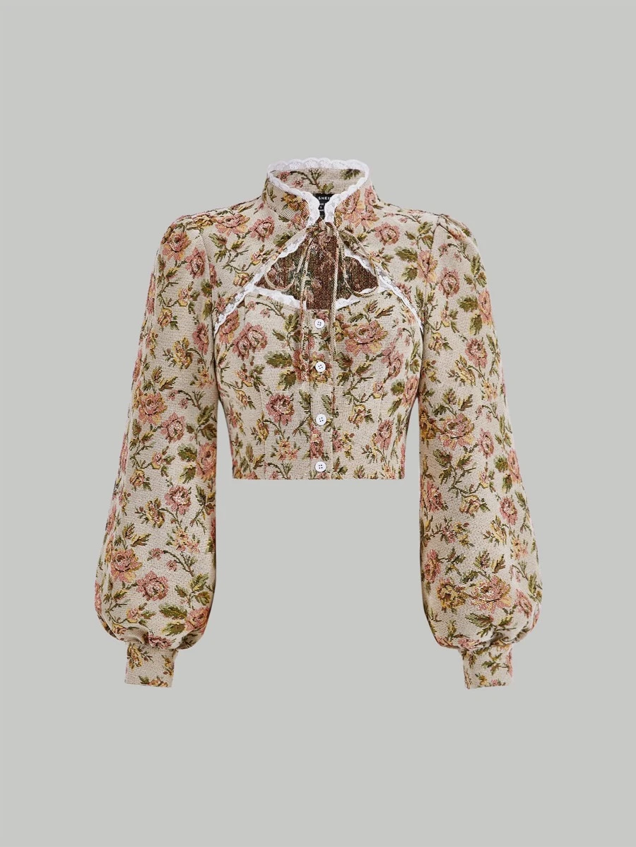 SHEIN MOD 印花繫帶領鏤空燈籠袖襯衫 - 彩色 - 查看 1