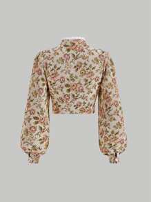 SHEIN MOD 印花繫帶領鏤空燈籠袖襯衫 - 彩色 - 查看 2