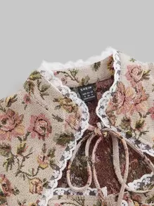 SHEIN MOD 印花繫帶領鏤空燈籠袖襯衫 - 彩色 - 查看 3