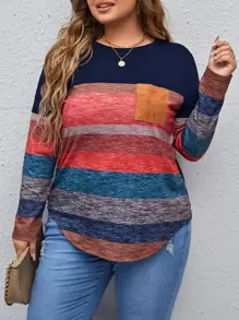 SHEIN LUNE 加大剪裁缝制口袋贴布T恤加大码长袖女式长袖上衣 - 藏蓝色 - 查看 1