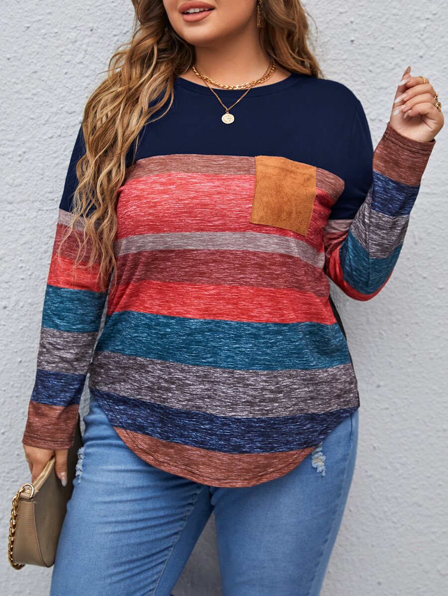 SHEIN LUNE 加大剪裁缝制口袋贴布T恤加大码长袖女式长袖上衣 - 藏蓝色 - 查看 1