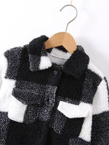 小男童格紋印花翻蓋口袋絨毛外套無毛衣