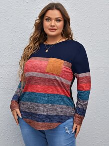 SHEIN LUNE 加大剪裁缝制口袋贴布T恤加大码长袖女式长袖上衣 - 藏蓝色 - 查看 4