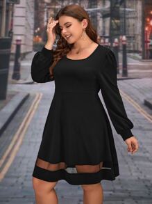 SHEIN Clasi Plus Contrast Mesh Bishop Sleeve Dress - Black - View 3