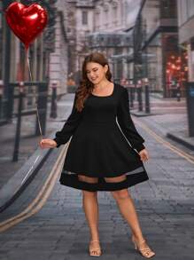 SHEIN Clasi Plus Contrast Mesh Bishop Sleeve Dress - Black - View 5