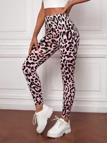 SHEIN LUNE Leopard Print High Waist Leggings - Pink - View 1