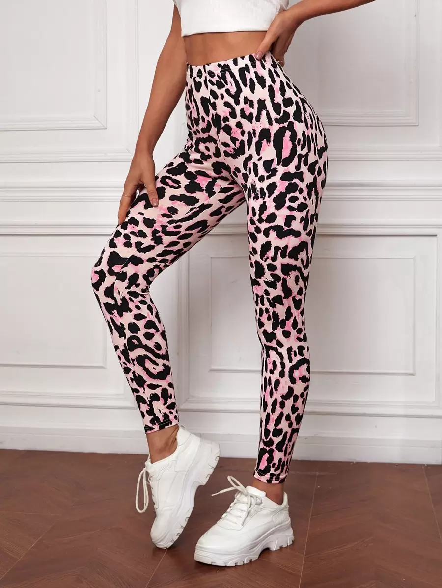 SHEIN LUNE Leopard Print High Waist Leggings - Pink - View 1