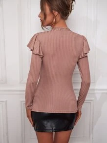 SHEIN Privé 小高領荷葉邊T恤 - 藕粉色 - 查看 2
