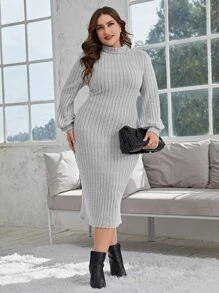 SHEIN Privé Vestido de cuello alto de manga farol tejido de canalé sin cinturón - Gris Claro - Ver 4