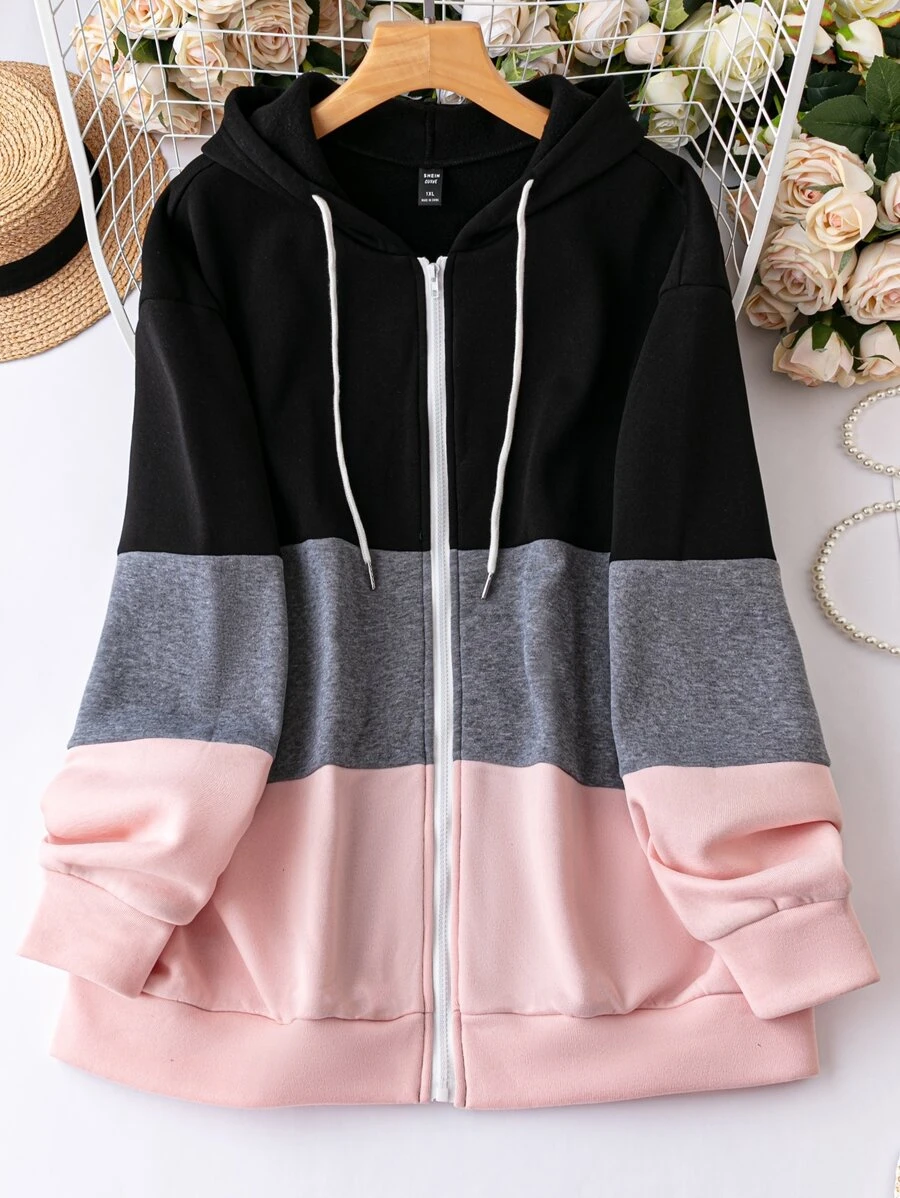 EMERY ROSE Sudadera con capucha y cremallera para mujer talla grande con cordón de contraste