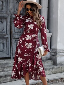 SHEIN LUNE Floral Print Flounce Sleeve Ruffle Wrap Hem Dress - Burgundy - View 2