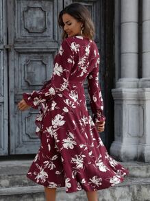 SHEIN LUNE Floral Print Flounce Sleeve Ruffle Wrap Hem Dress - Burgundy - View 3