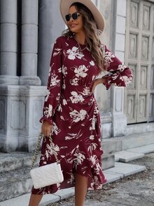 SHEIN LUNE Floral Print Flounce Sleeve Ruffle Wrap Hem Dress - Burgundy - View 5
