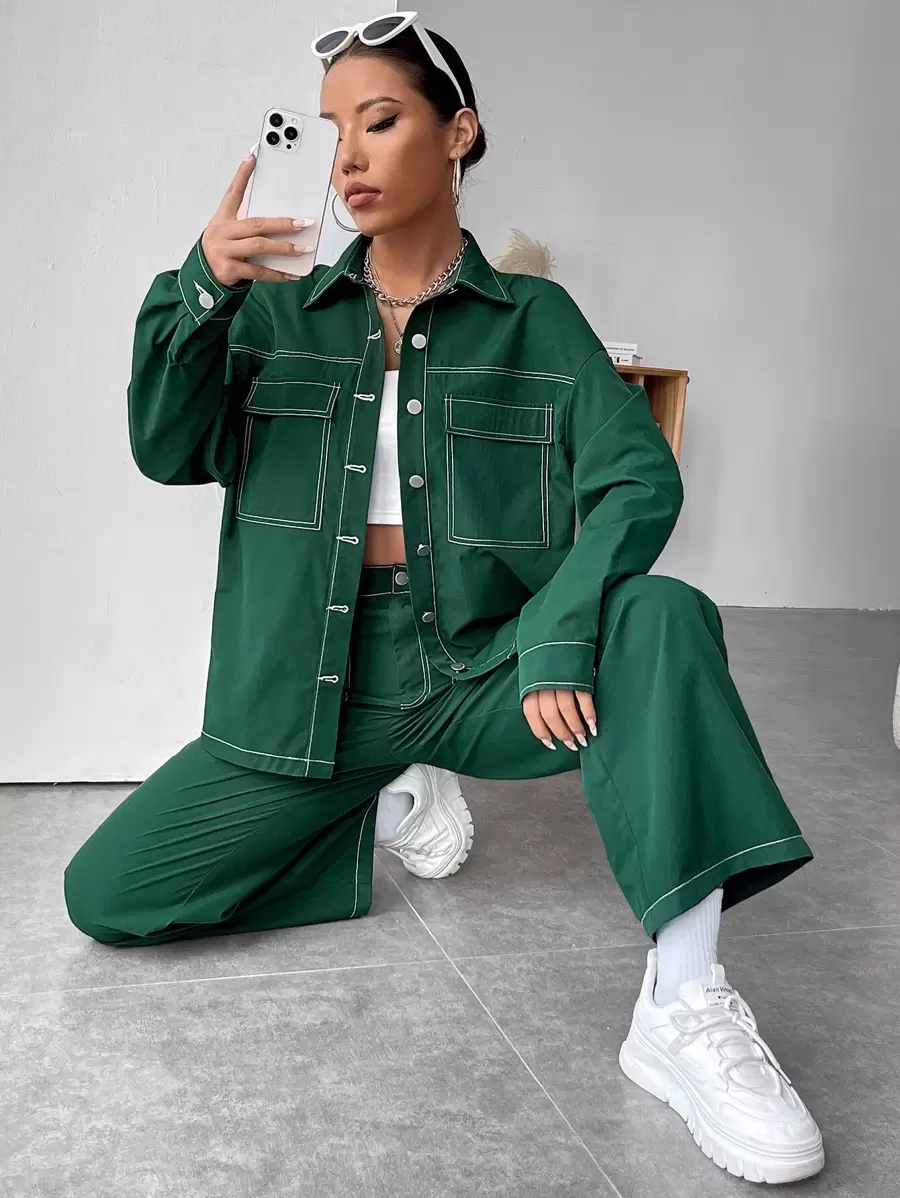 SHEIN EZwear Contrast Binding Drop Shoulder Shirt & Wide Leg Trousers - Dark Green - View 1