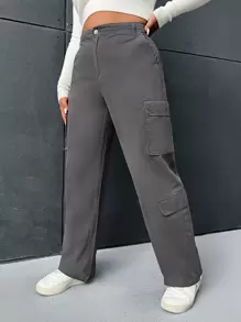 SHEIN EZwear 大碼側翻蓋口袋工裝褲 - 深灰色 - 查看 1