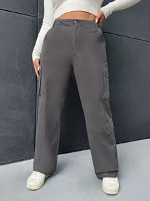 SHEIN EZwear 大碼側翻蓋口袋工裝褲 - 深灰色 - 查看 3