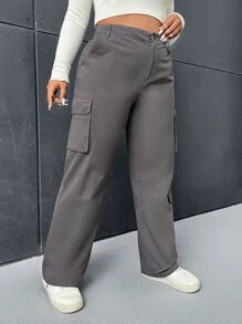 SHEIN EZwear 大碼側翻蓋口袋工裝褲 - 深灰色 - 查看 4