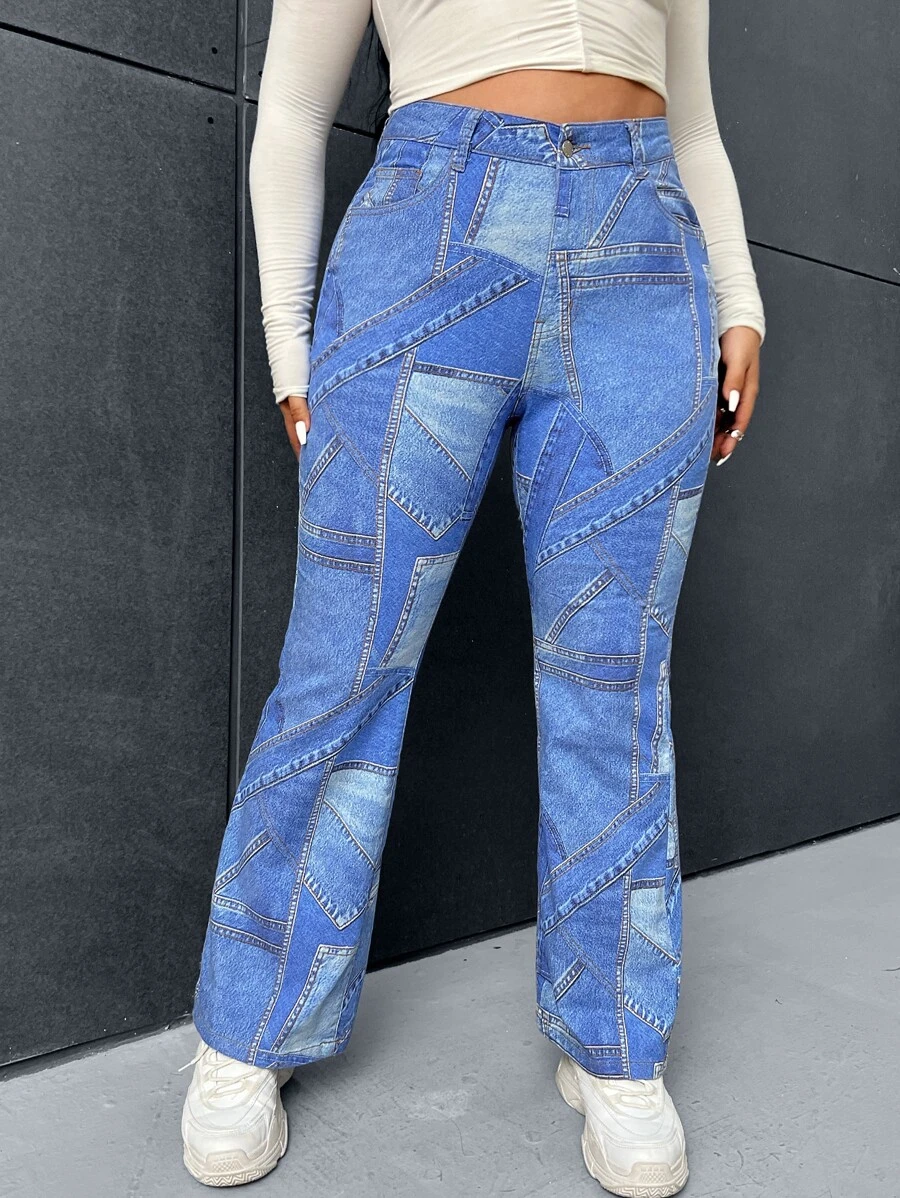 SHEIN ICON Jeans de pierna amplia de talle alto de color combinado - Azul lavado medio - Ver 1