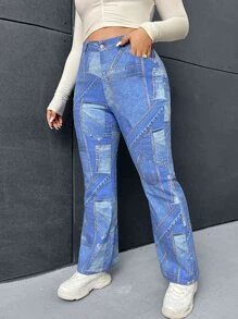 SHEIN ICON Jeans de pierna amplia de talle alto de color combinado - Azul lavado medio - Ver 3