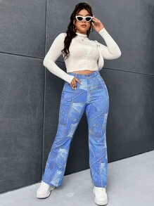 SHEIN ICON Jeans de pierna amplia de talle alto de color combinado - Azul lavado medio - Ver 5