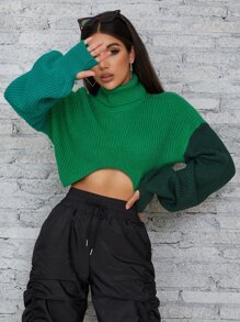撞色高領落肩袖不對稱領短款毛衣 - 綠色 - 查看 1