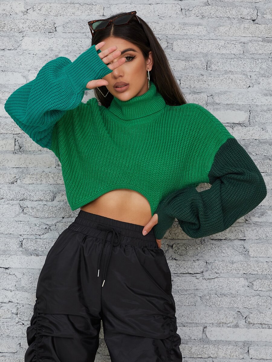 撞色高領落肩袖不對稱領短款毛衣 - 綠色 - 查看 1