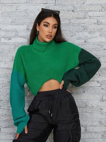 撞色高領落肩袖不對稱領短款毛衣 - 綠色 - 查看 6