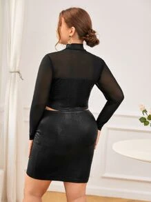 SHEIN Privé Bộ thời trang Plus Size Tương phản Mesh cắt màu trơn Giải trí - màu đen - Xem 2