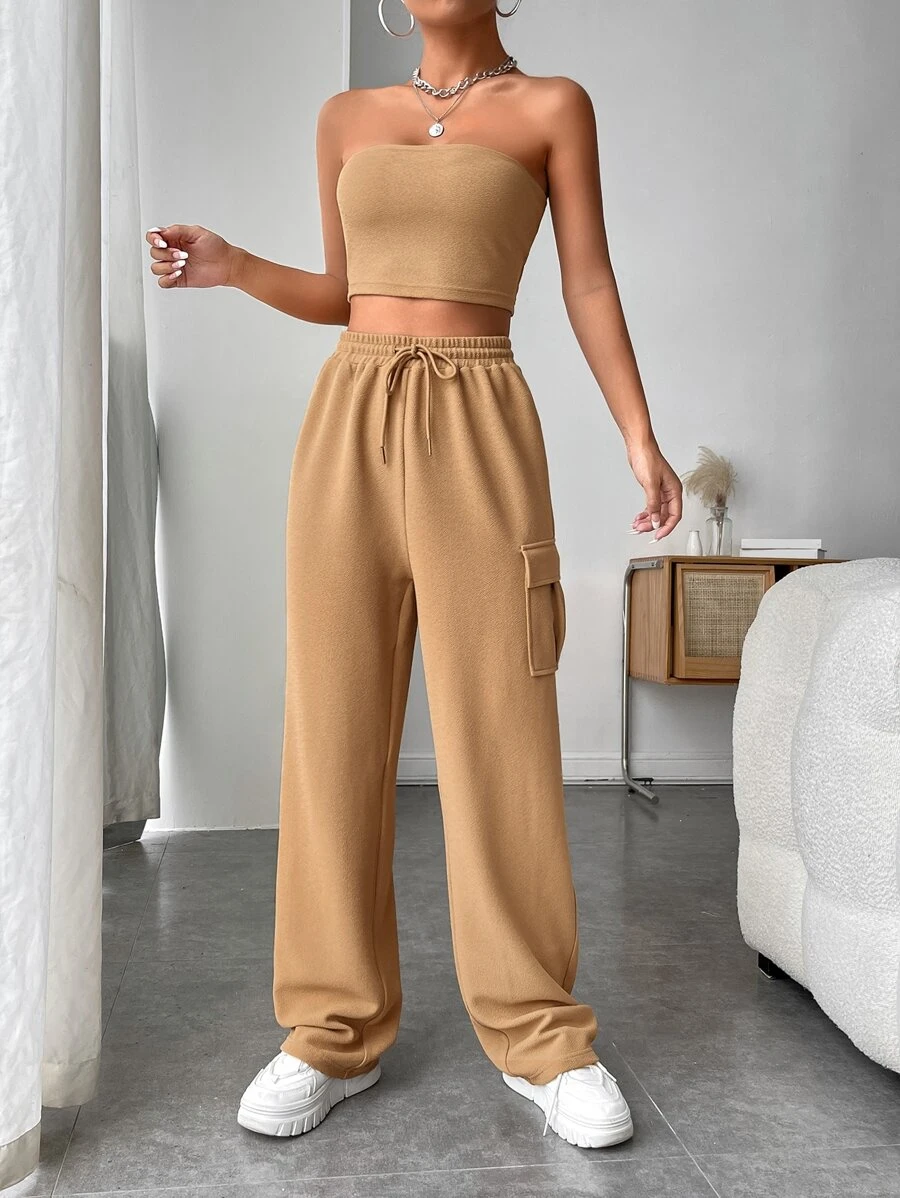SHEIN EZwear Bộ đồ hai mảnh nữ Lộ Lưng Dây kéo Túi màu trơn Giải trí - Màu Khaki - Xem 1