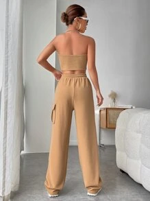 SHEIN EZwear Bộ đồ hai mảnh nữ Lộ Lưng Dây kéo Túi màu trơn Giải trí - Màu Khaki - Xem 2