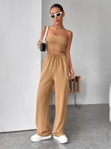 SHEIN EZwear Bộ đồ hai mảnh nữ Lộ Lưng Dây kéo Túi màu trơn Giải trí - Màu Khaki - Xem 3