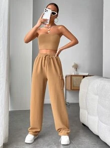 SHEIN EZwear Bộ đồ hai mảnh nữ Lộ Lưng Dây kéo Túi màu trơn Giải trí - Màu Khaki - Xem 5