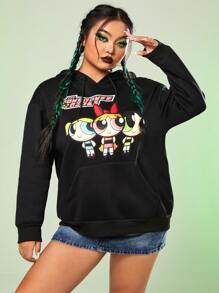 The Powerpuff Girls | ROMWE Plus Size Cartoon & Letter Graphic Kangaroo Pocket Drop Shoulder Drawstring Sweatshirt - Black - View 1