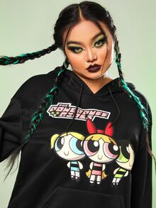 The Powerpuff Girls | ROMWE Plus Size Cartoon & Letter Graphic Kangaroo Pocket Drop Shoulder Drawstring Sweatshirt - Black - View 3