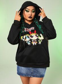 The Powerpuff Girls | ROMWE Plus Size Cartoon & Letter Graphic Kangaroo Pocket Drop Shoulder Drawstring Sweatshirt - Black - View 4