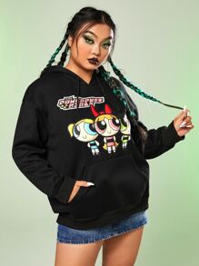 The Powerpuff Girls | ROMWE Plus Size Cartoon & Letter Graphic Kangaroo Pocket Drop Shoulder Drawstring Sweatshirt - Black - View 5