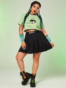 The Powerpuff Girls | ROMWE Plus Cartoon Print Pleated Skirt - Black - View 3