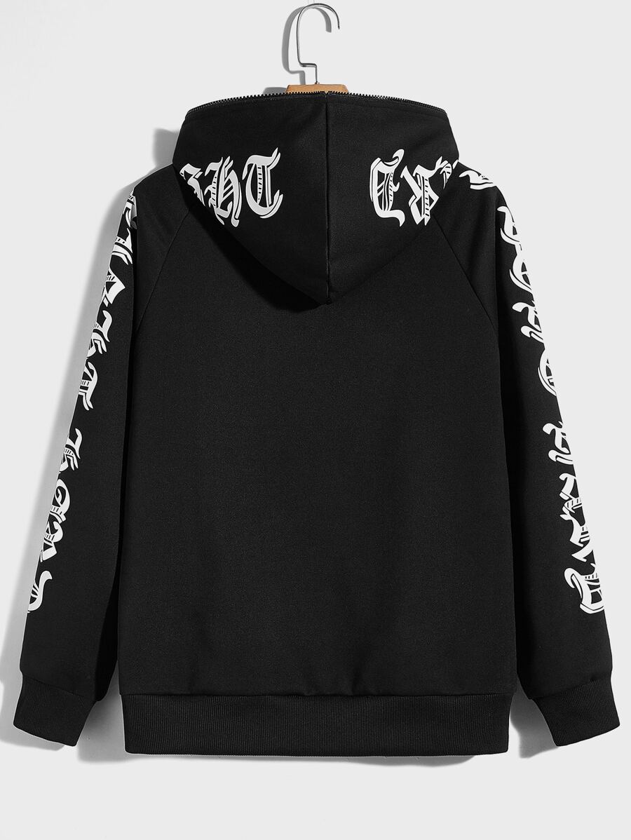 Manfinity Sport Corelite Men Letter Graphic Zip Up Hoodie , Fall, Long Sleeve Top - Black - View 1