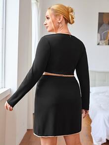 SHEIN Privé Plus Pearls Detail Crop Top & Skirt - Black - View 2