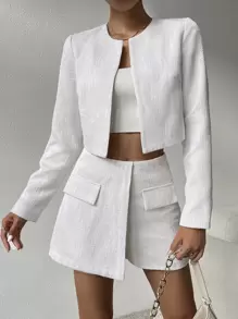 SHEIN Privé Open Front Crop Jacket & Flap Detail Skort - White - View 1