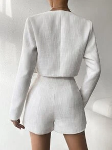 SHEIN Privé Open Front Crop Jacket & Flap Detail Skort - White - View 2